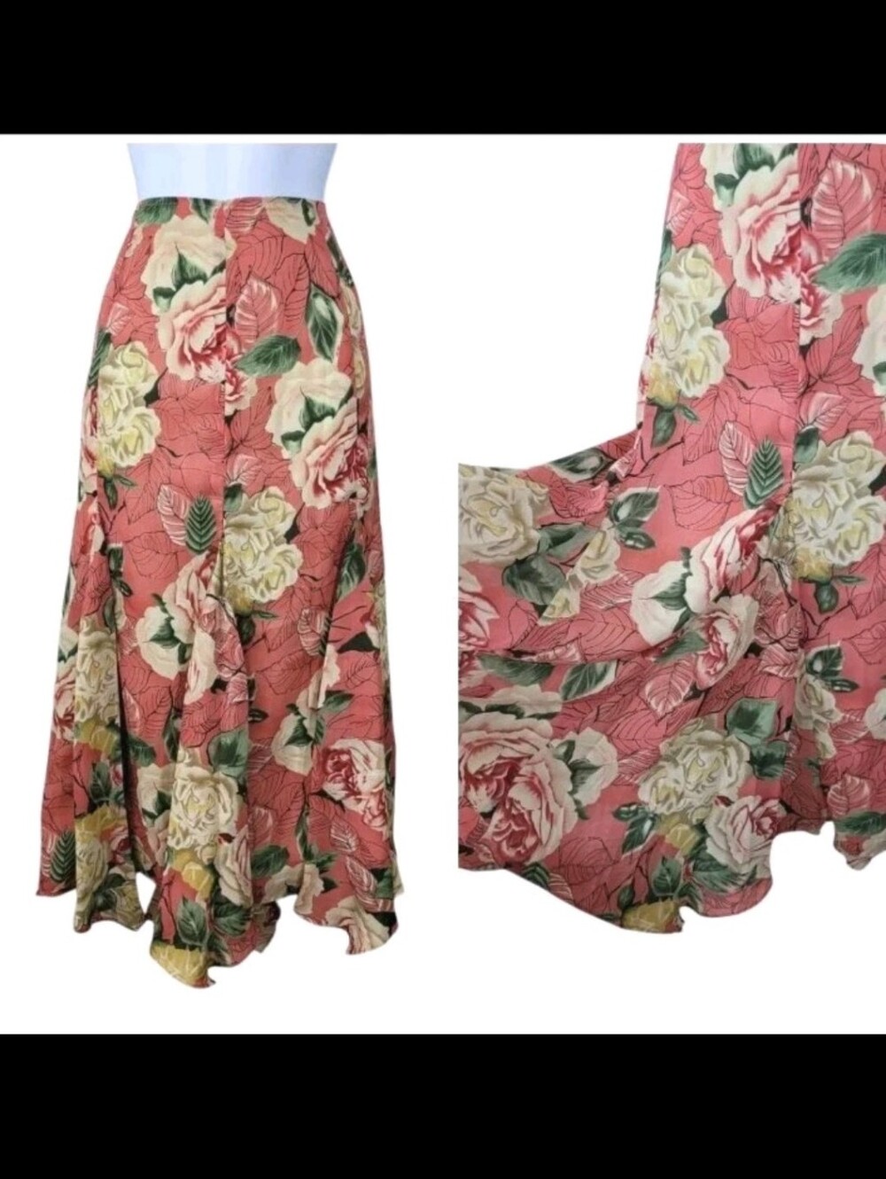 Coldwater Creek Coral Pink Ivory Romantic Rose Floral Maxi Skirt Flowy Full L
